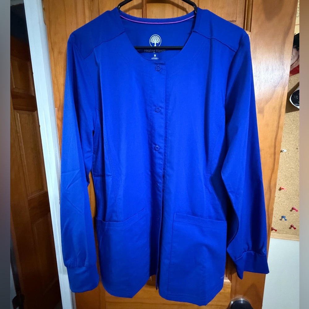 Healing Hands Galaxy Blue Button-Up Scrub Jacket